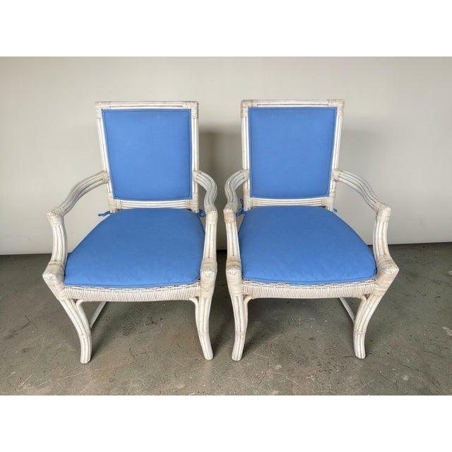 Wood British Colonial Style Rattan Dining Armchairs With Blue Cushions by Lane Venture Excursions, a Pair For Sale - Image 7 of 11