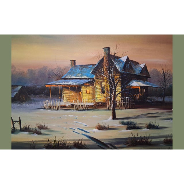 1970s 1960s Vintage P. Wellington Large Winter Homestead Oil Painting - Signed For Sale - Image 5 of 10