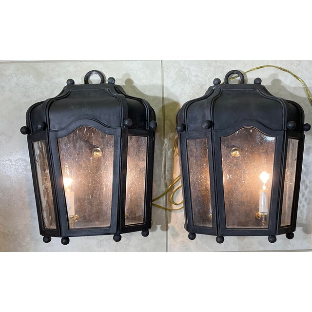 Contemporary Exceptional Pair of Hand-Forged Iron Wall Lanterns Architectural Sconces For Sale - Image 3 of 17