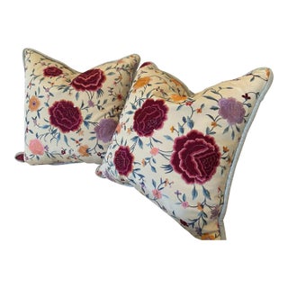 Early 20th Century Chinese Silk Floral Embroidered Pillows- Set of 2 For Sale
