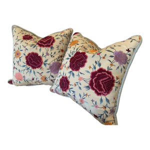Early 20th Century Chinese Silk Floral Embroidered Pillows- Set of 2
