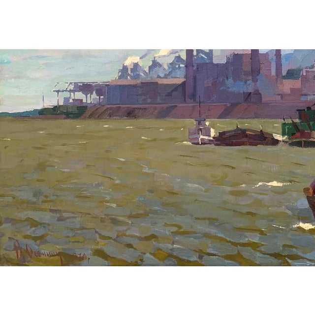 Realism Soviet Industrial Landscape Painting, Original Oil on Canvas, 1970 96-139 For Sale - Image 3 of 6