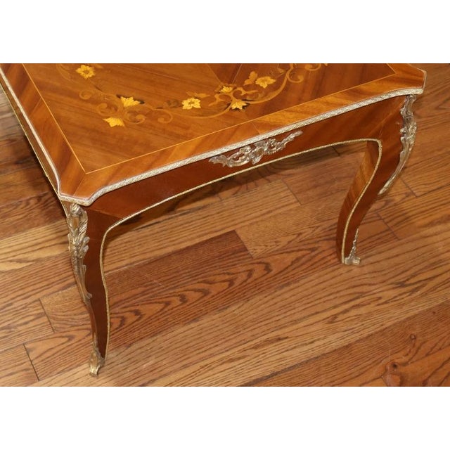 1990s Louis XV French Style Walnut Inlaid Ormolu Mounted Cocktail Coffee Table For Sale - Image 9 of 11