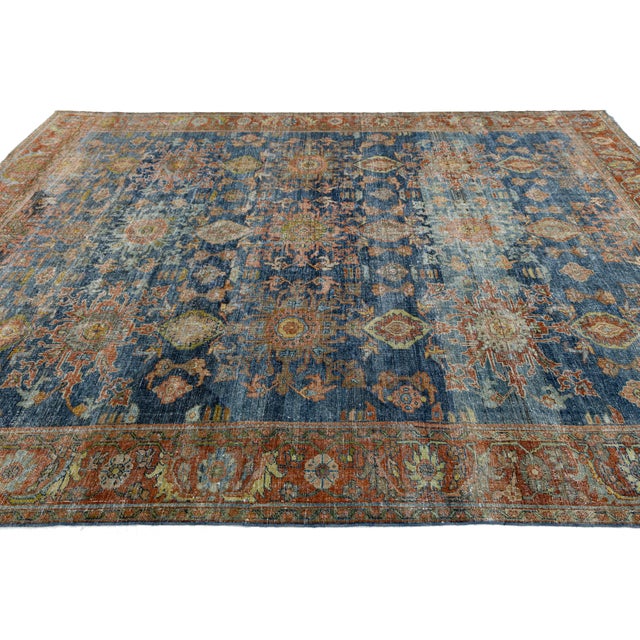 Antique Mahal Rug With Distressed Indigo Blue and Terracotta Field For Sale - Image 4 of 11