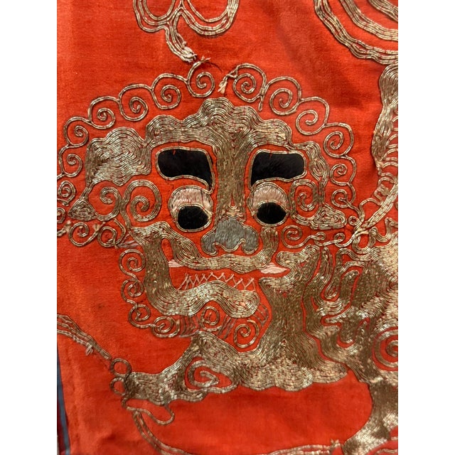 19th-Century Qing Chinese Red Silk & Gold-Thread Buddhist Lion Embroidery For Sale - Image 16 of 17