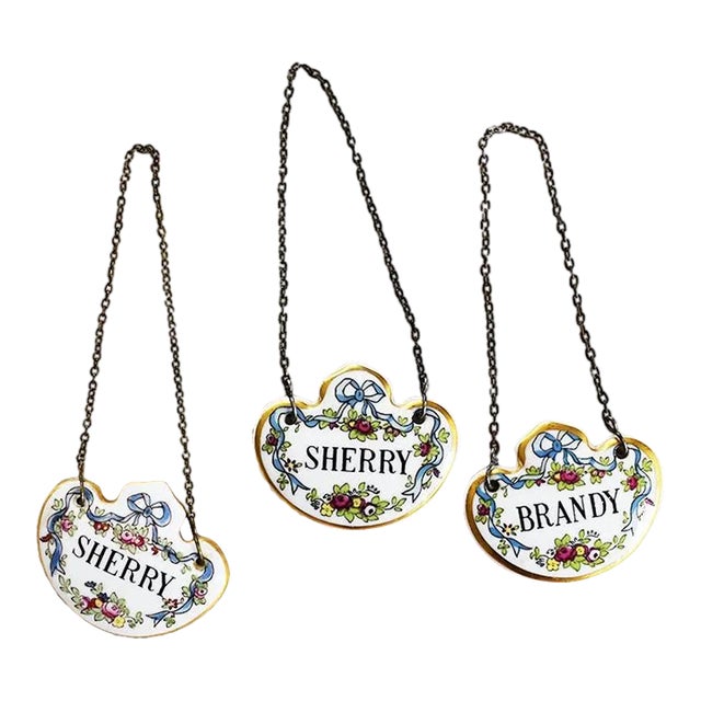 Set of 3 Antique Hand Painted Bone China Liquor Bottle Tags by Coalport England For Sale