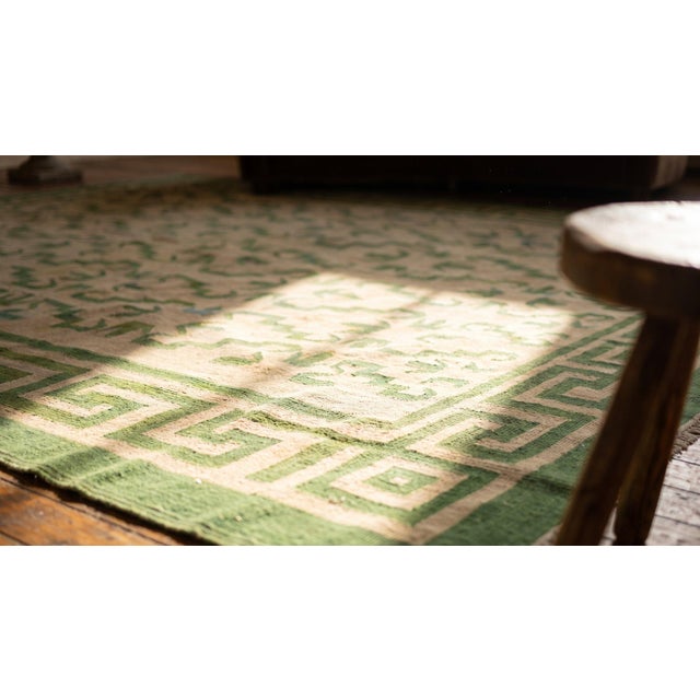 Cream 1940s Ivory Green Greek Key Antique Indian Dhurrie Rug 7' 3" X 10' 0" Knotted Wool Carpet For Sale - Image 8 of 9