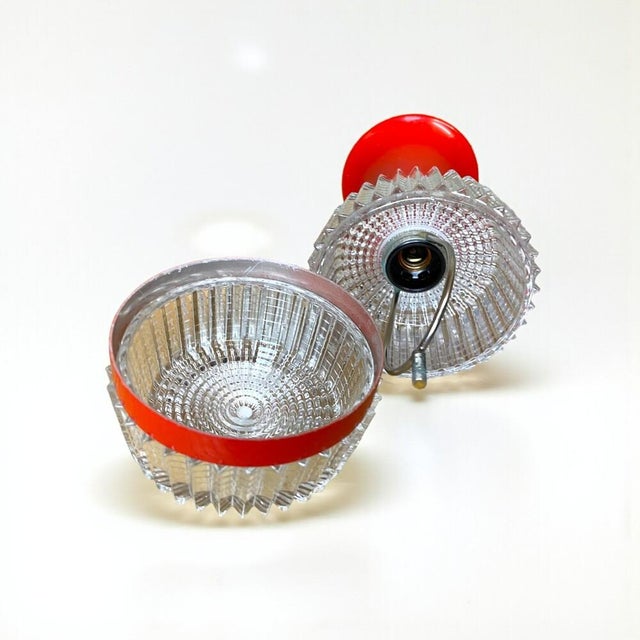 Mid-Century Modern Space Age Red Metal and Clear Ribbed Glass Wall Lights, 1970s, Set of 2 For Sale - Image 10 of 13