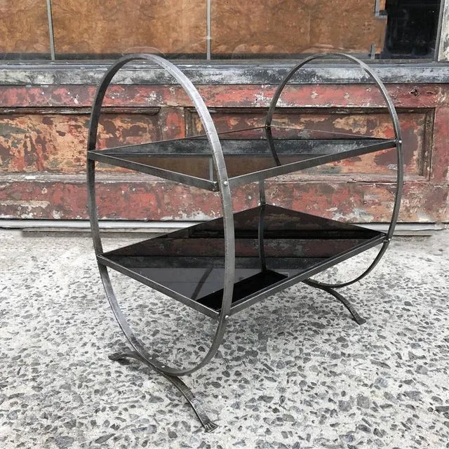 1930s 1930s Art Deco Etched Steel and Ebony Glass Two-Tier Side Table For Sale - Image 5 of 9
