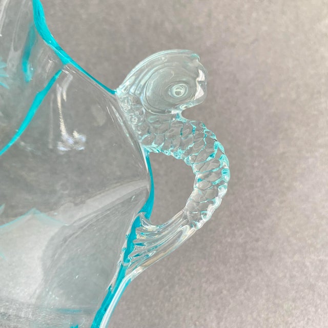 Mid 20th Century Vintage Fenton Dolphin Glass Aquamarine Blue Handled Dish Etched Bowl Koi Fish Sea Creature For Sale - Image 5 of 13