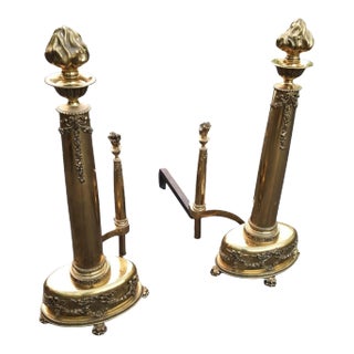 Pair of Large American Federal Style Brass Ornate Andirons For Sale