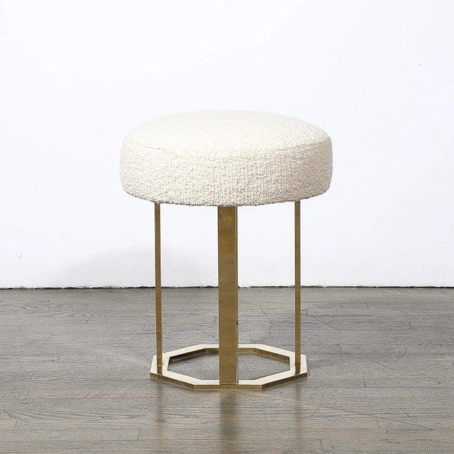 White Mid-Century Modernist Octagonal Polished Brass Base Stool in Holly Hunt Boucle For Sale - Image 8 of 10
