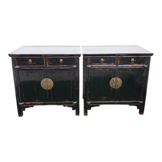 Extra Large Black Distressed Asian Hardware Solid Wood 2 Drawer Night Stand Tables- a Pair For Sale