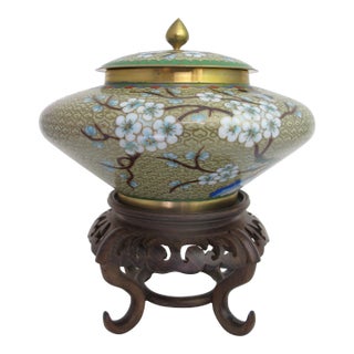 Chinese Enamel Blue Bird & Blossoms Cloisonne Metal Jar Bowl W/ Lid For Sale