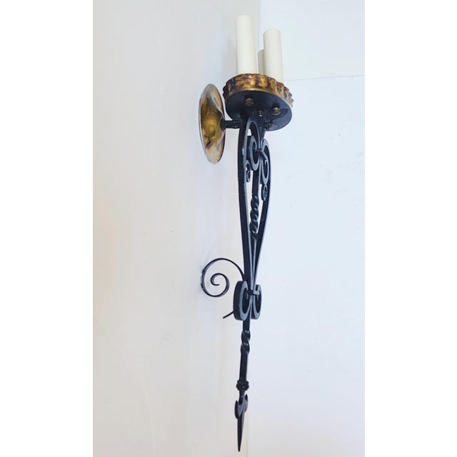 1950s Mid Century Spanish Revival Wrought Iron Wall Sconces-a Pair For Sale - Image 5 of 13