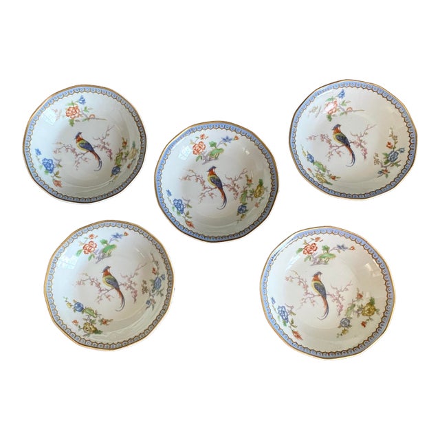 Beautiful Birds of Paradise grace these 5 blue and gold trimmed, bone china dessert bowls made by Theodore Haviland at...