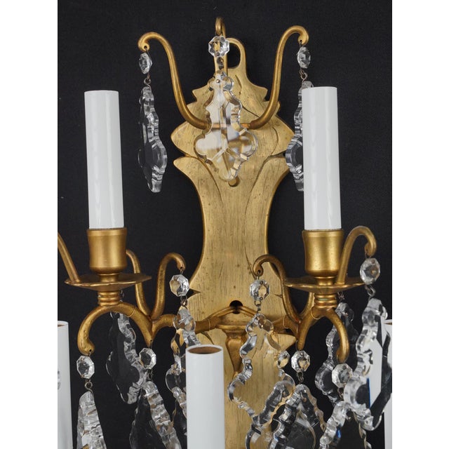 Mid 20th Century Mid 20th Century Pair of Restored French Plaza Hotel Crystal Wall Sconces For Sale - Image 5 of 10