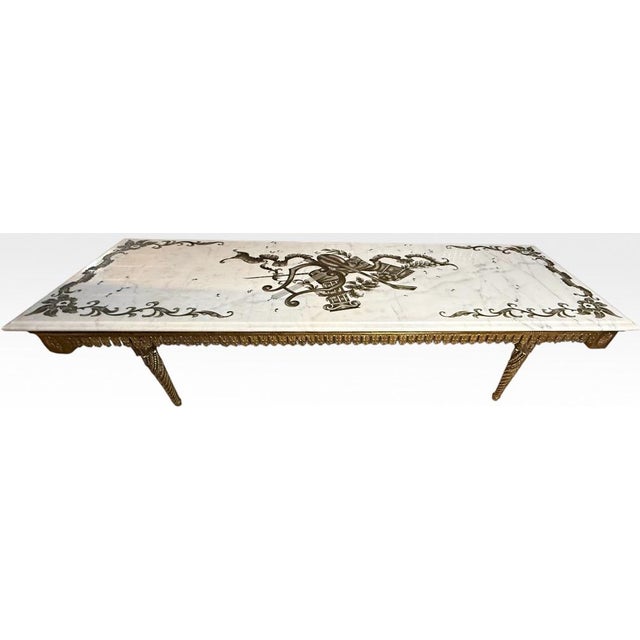 Vintage Italian Neoclassical Etched Marble and Gilt Brass Low Coffee Table For Sale - Image 4 of 17