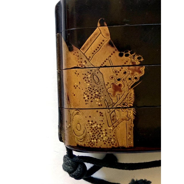 Japanese Lacquer Inro with Gold Maki-e and Carved Wood Netsuke Meiji Period For Sale - Image 4 of 11