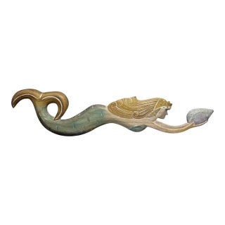 Carved Wood Swimming Mermaid Holding Seashell For Sale