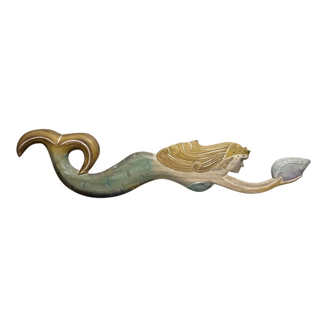 Carved Wood Swimming Mermaid Holding Seashell For Sale