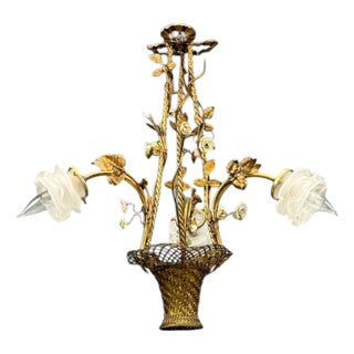 Belle Epoque Style, Basket Chandelier, Bronze, Porcelain, 1940s For Sale
