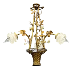 Belle Epoque Style, Basket Chandelier, Bronze, Porcelain, 1940s