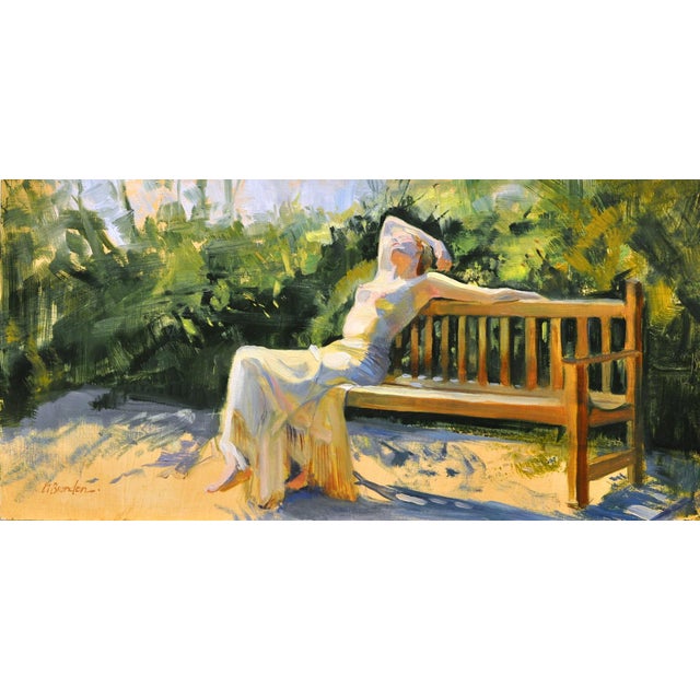 Sun Worship by Linda Tracey Brandon | Oil Painting of a woman relaxing on a bench in sunlight For Sale