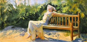 Sun Worship by Linda Tracey Brandon | Oil Painting of a woman relaxing on a bench in sunlight