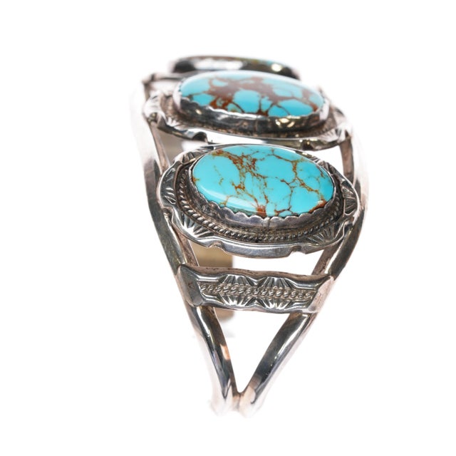 Late 20th Century 6.75" Vintage Native American sterling 3 turquoise cuff bracelet w/Brown matrix For Sale - Image 5 of 10