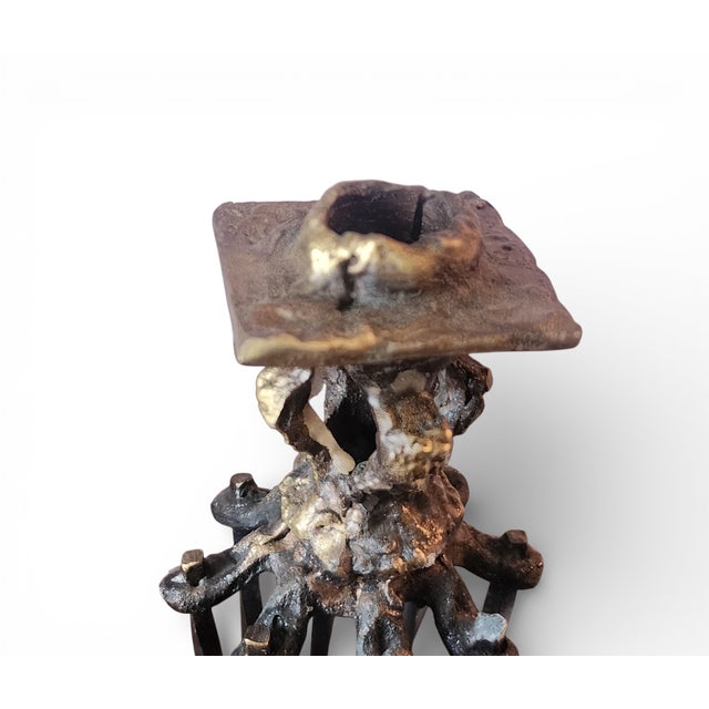 Rare Pair Bronze Sculptured Brutalist Judaica Ceremonial Candlesticks ~ Chaim Hendin (b.1920) For Sale - Image 13 of 16