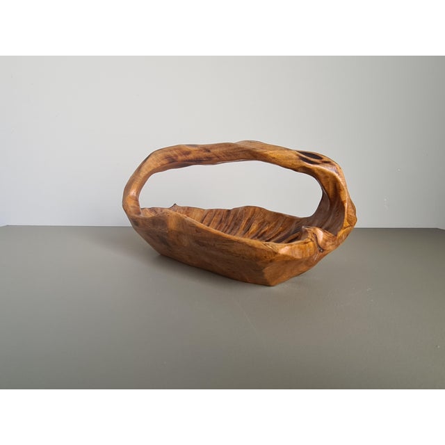 Vintage Brutalist French Hand Carved Wood Basket Bowl Organic Centerpiece, 1950 For Sale - Image 4 of 10