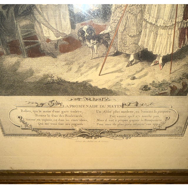 French Pair of Antique French Hand-Colored Engravings – “L’Occupation” & “La Promenade Du Matin” – Monument Du Costume – Gilt Ribbon Frames For Sale - Image 3 of 5