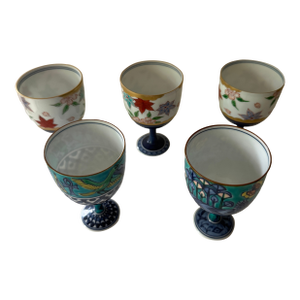 Mid 20th Century Set of 5 Japanese Porcelain Footed Sake Goblets — Hand-Painted, Arita Style — Autumn, Garden & Egyptian Motifs