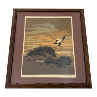 Vintage Signed Framed Matted Mid Century Style Silkscreen or Serigraph Print "Along the Beach" by Walter Blount Coastal Scene With Birds For Sale
