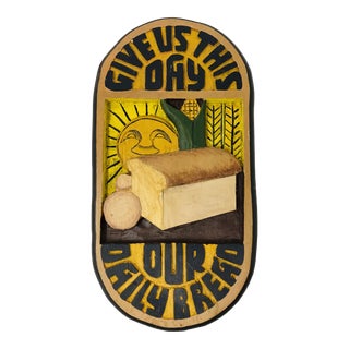 Mid-Century Modern Style Hand Carved Wood Folk Sign Give Us This Day Our Daily Bread For Sale
