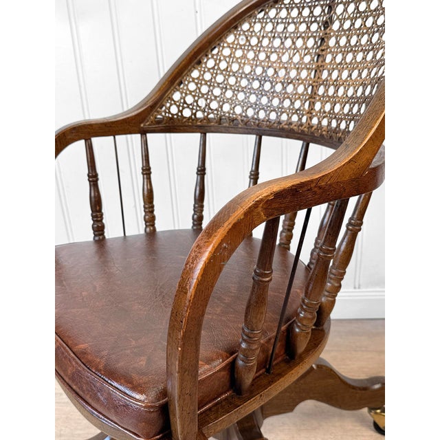Vintage Traditional Mahogany & Cane Bankers Swivel Desk Chair For Sale - Image 13 of 17