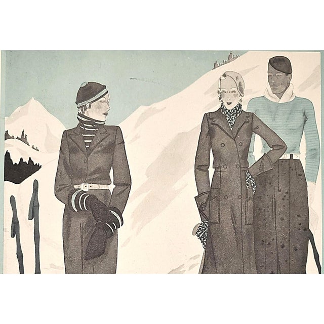 This is a French Art Deco fashion print for the fashionistas on the ski slope. This image originally appeared in a 1931...