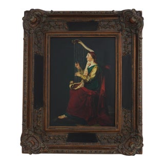 Ornate Framed Artist Signed Oil Painting on Board of Woman With Harp For Sale