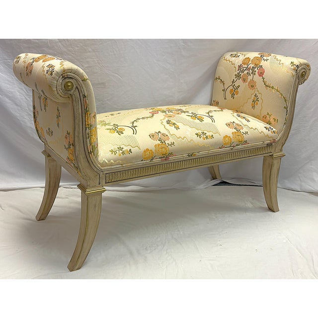 Wood Vintage Francisco Hurtado Rolled Arm Upholstered Bench Made in Spain For Sale - Image 7 of 15