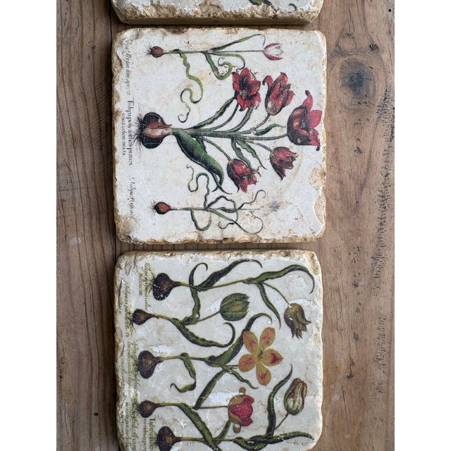 Italian Late 20th Century Verta Botanical Tulip Travertine Stone Coasters – Set of 3 For Sale - Image 3 of 11