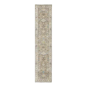 Modern Long Heriz Runner in Grays, Silver, Blue, Soft Yellow