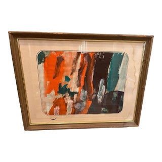Vintage Abstract Expressionist Painting in Orange, Teal & Brown, Framed For Sale