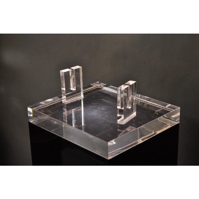 Plastic Vintage Mid Century Modern Clear Lucite & Black Acrylic Lighted Pedestal Stand For Sale - Image 7 of 18