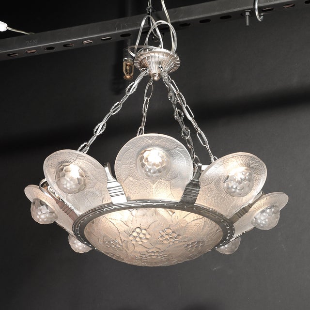 1930s Art Deco Frosted Glass Chandelier With Stylized Cubist Floral Motif For Sale - Image 14 of 18