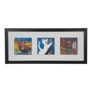 Late 20th Century Vintage Peruvian Elden-Rosi San Francisco Cats Triptych Watercolor Painting 21", Framed