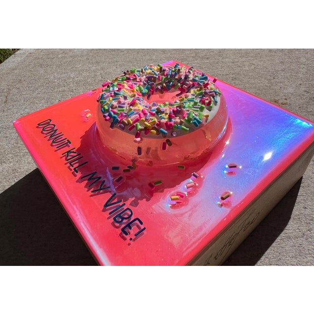 Donut Kill My Vibe #10 by Ana Hefco | Mixed Media on Wood Colorful donut with sprinkles For Sale - Image 4 of 5