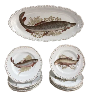 Antique Porcelain 22k Gold Fish Serving Set - Set of 11