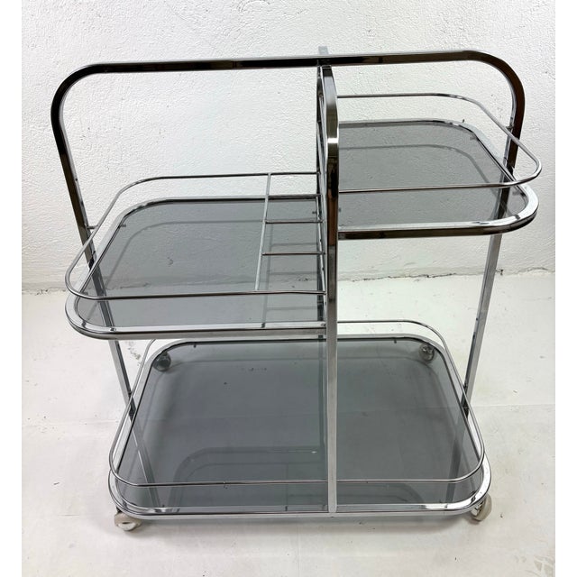 Chrome Early 20th Century Art Deco Chrome and Smoked Glass Bar Cart For Sale - Image 8 of 12