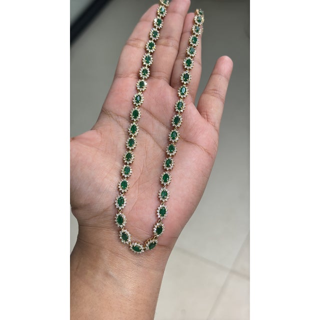Vintage 14k Yellow Gold Tennis Necklace With 9.88ct Emeralds and 5.24ct Diamonds For Sale - Image 10 of 16
